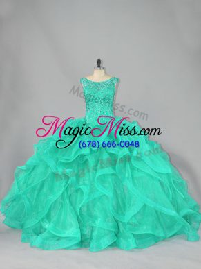 Floor Length Turquoise Ball Gown Prom Dress Organza Sleeveless Beading and Ruffles