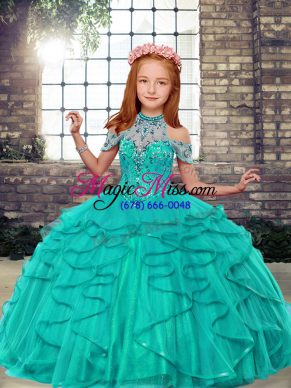 Stunning Turquoise High-neck Neckline Beading and Ruffles Little Girl Pageant Gowns Sleeveless Lace Up