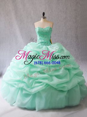 Best Floor Length Apple Green Quinceanera Gown Organza Sleeveless Beading and Pick Ups