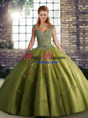 Adorable Olive Green Sleeveless Beading and Appliques Floor Length Quinceanera Dress