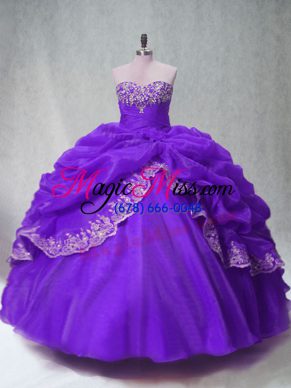 Popular Purple Ball Gowns Beading and Appliques and Pick Ups Ball Gown Prom Dress Lace Up Organza Sleeveless Floor Length