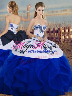 Sleeveless Tulle Floor Length Lace Up Quinceanera Gowns in Royal Blue with Embroidery and Ruffles and Bowknot