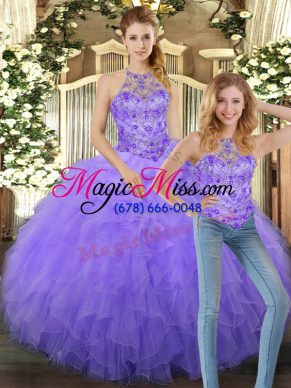 Sweet Lavender Ball Gown Prom Dress Sweet 16 and Quinceanera with Beading and Ruffles Halter Top Sleeveless Lace Up