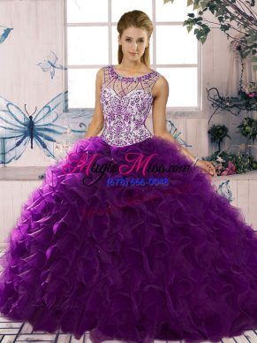 Purple Ball Gowns Organza Scoop Sleeveless Beading and Ruffles Floor Length Lace Up Sweet 16 Dress