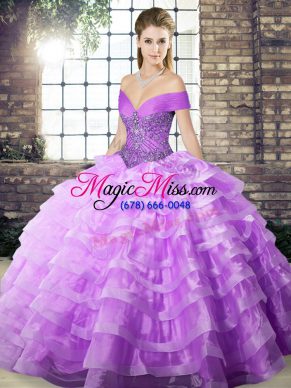 Modest Off The Shoulder Sleeveless Vestidos de Quinceanera Brush Train Beading and Ruffled Layers Lavender Organza