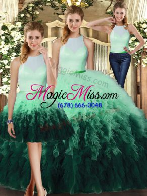 Three Pieces Vestidos de Quinceanera Multi-color High-neck Tulle Sleeveless Floor Length Backless