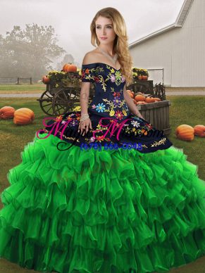 Green Ball Gowns Embroidery and Ruffled Layers Sweet 16 Dresses Lace Up Organza Sleeveless Floor Length