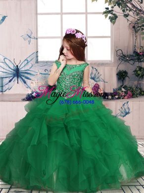 Modern Green Ball Gowns Beading and Ruffles Girls Pageant Dresses Zipper Organza Sleeveless Floor Length