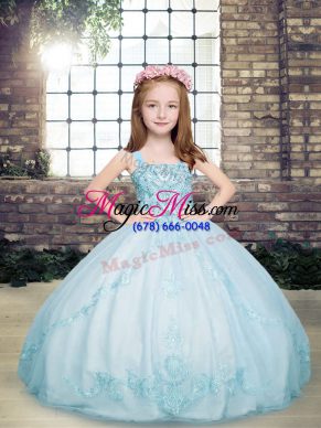 Light Blue Tulle Lace Up Little Girls Pageant Dress Wholesale Sleeveless Floor Length Beading