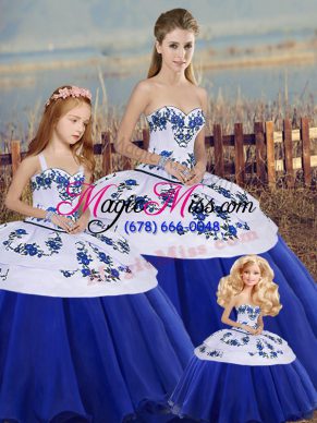 Deluxe Royal Blue Sleeveless Embroidery and Bowknot Floor Length 15th Birthday Dress