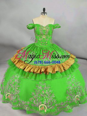 Low Price Ball Gowns Quinceanera Dresses Green Off The Shoulder Satin Sleeveless Floor Length Lace Up