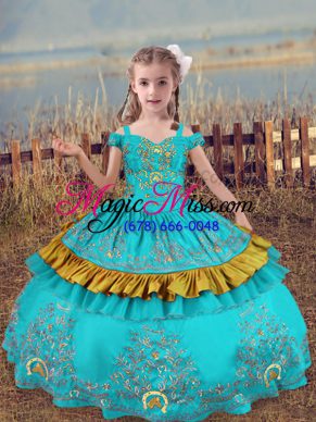 Custom Made Sleeveless Satin Floor Length Lace Up Kids Pageant Dress in Aqua Blue with Beading and Embroidery