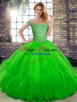 Beautiful Sleeveless Floor Length Beading and Ruffles Lace Up Vestidos de Quinceanera with Green