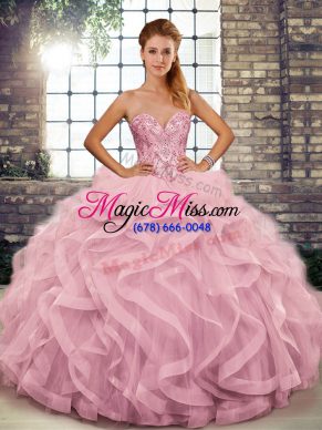 Shining Tulle Sweetheart Sleeveless Lace Up Beading and Ruffles Ball Gown Prom Dress in Pink