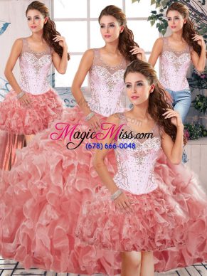 Scoop Sleeveless Quinceanera Gown Floor Length Beading and Ruffles Watermelon Red Organza