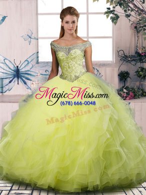 Customized Floor Length Lace Up Quinceanera Gowns Yellow Green for Sweet 16 and Quinceanera with Beading and Ruffles