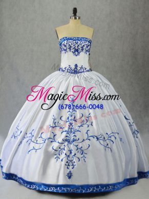 Cheap Ball Gowns Ball Gown Prom Dress Blue And White Strapless Satin Sleeveless Floor Length Lace Up