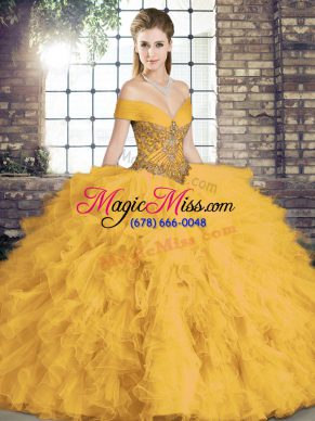 Clearance Sleeveless Floor Length Beading and Ruffles Lace Up Vestidos de Quinceanera with Gold