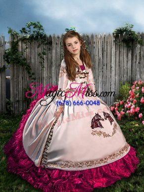 Low Price Lace Up Kids Pageant Dress White for Wedding Party with Embroidery and Ruffles Sweep Train