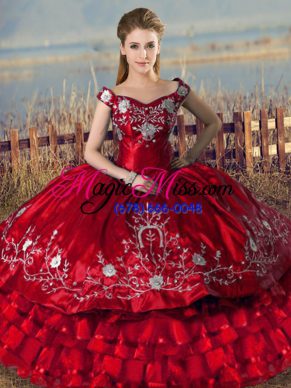 Ball Gowns Quince Ball Gowns Red Off The Shoulder Satin Sleeveless Floor Length Lace Up