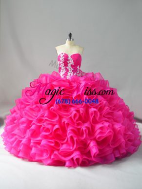 Custom Made Hot Pink Organza Lace Up Quinceanera Dresses Sleeveless Appliques and Ruffles