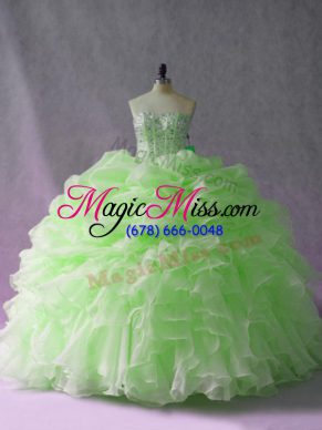 Green Ball Gowns Beading and Ruffles and Pick Ups 15 Quinceanera Dress Lace Up Organza Sleeveless