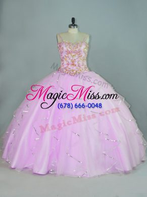 Eye-catching Straps Sleeveless Quinceanera Gown Floor Length Ruffles Lilac Tulle