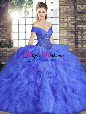 Delicate Floor Length Lace Up Quinceanera Gowns Blue for Military Ball and Sweet 16 and Quinceanera with Beading and Ruffles