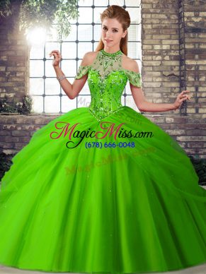 Halter Top Sleeveless Tulle Quinceanera Gown Beading and Pick Ups Brush Train Lace Up