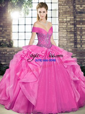 Beading and Ruffles Quinceanera Dresses Rose Pink Lace Up Sleeveless Floor Length