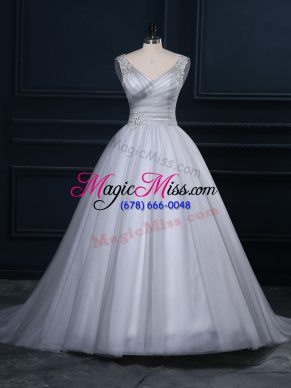 Fine Grey V-neck Lace Up Beading and Appliques Wedding Dress Court Train Sleeveless