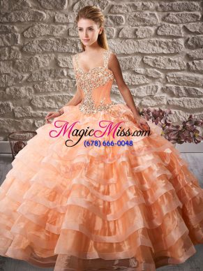 Trendy Orange Organza Lace Up Ball Gown Prom Dress Sleeveless Court Train Beading and Ruffled Layers