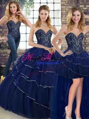 Navy Blue Sweet 16 Dress Sweetheart Sleeveless Brush Train Lace Up