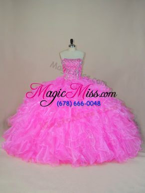 Beautiful Sleeveless Organza Floor Length Lace Up Quinceanera Dress in Pink with Beading and Ruffles