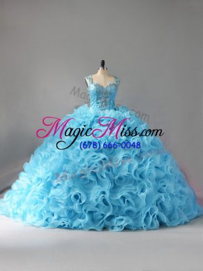 Adorable Sleeveless Fabric With Rolling Flowers Court Train Zipper Quinceanera Gowns in Baby Blue with Beading and Ruffles