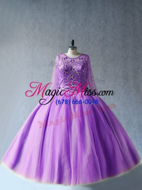 Wonderful Lavender Ball Gowns Scoop Long Sleeves Tulle Floor Length Lace Up Beading Ball Gown Prom Dress