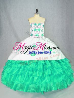 Customized Sweetheart Sleeveless 15 Quinceanera Dress Floor Length Embroidery and Ruffled Layers Turquoise Organza