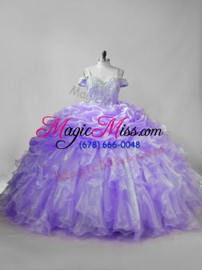 Great Organza Sleeveless Quince Ball Gowns Brush Train and Beading and Ruffles and Pick Ups