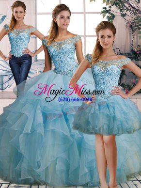 Nice Floor Length Lace Up 15th Birthday Dress Light Blue for Military Ball and Sweet 16 and Quinceanera with Beading and Ruffles