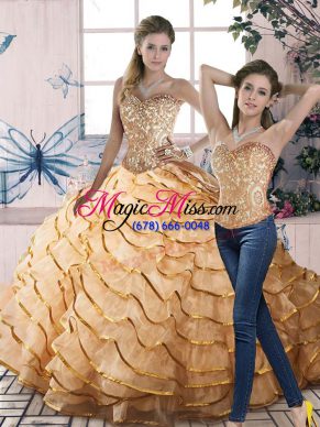 Gold Two Pieces Organza Sweetheart Sleeveless Beading and Ruffled Layers Lace Up Sweet 16 Quinceanera Dress Brush Train