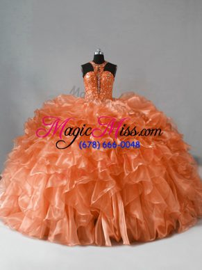 Sweet Sleeveless Brush Train Beading and Ruffles Zipper Ball Gown Prom Dress