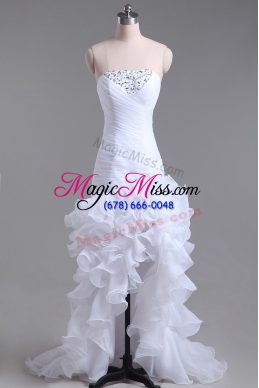 Trendy High Low Zipper Wedding Gown White for Wedding Party with Beading and Ruffles