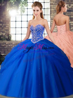 Nice Tulle Sweetheart Sleeveless Brush Train Lace Up Beading and Pick Ups Quince Ball Gowns in Royal Blue