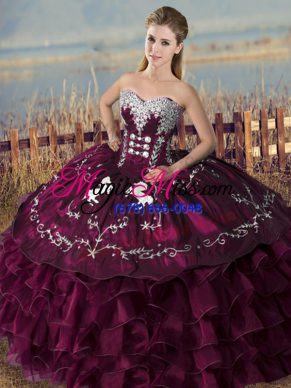 Edgy Purple Sleeveless Floor Length Embroidery and Ruffles Lace Up Quinceanera Gowns