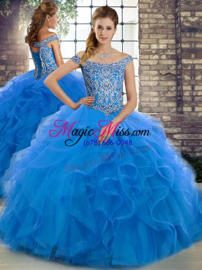 Sleeveless Beading and Ruffles Lace Up 15th Birthday Dress with Blue Brush Train