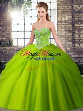 Tulle Lace Up Sweetheart Sleeveless Quince Ball Gowns Brush Train Beading and Pick Ups