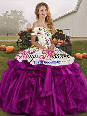 Lovely White And Purple Off The Shoulder Neckline Embroidery and Ruffles Sweet 16 Dress Sleeveless Lace Up