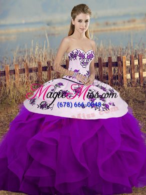 Great Sleeveless Floor Length Embroidery and Ruffles and Bowknot Lace Up Sweet 16 Dresses with White And Purple