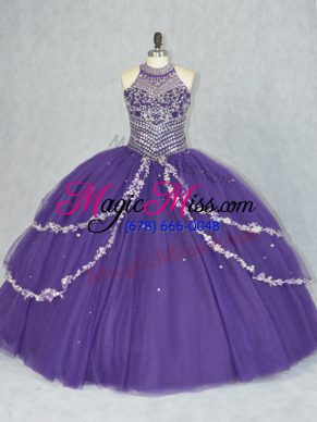 Admirable Purple Sweet 16 Dresses Sweet 16 and Quinceanera with Beading Halter Top Sleeveless Lace Up