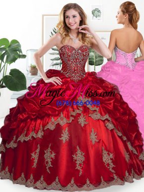 Floor Length Lace Up Quinceanera Dress Wine Red for Sweet 16 and Quinceanera with Beading and Appliques and Pick Ups